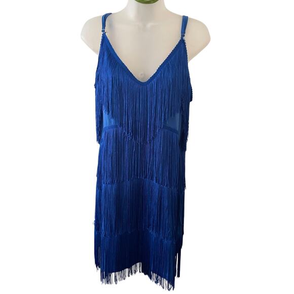 New Womens Size XL Royal Blue V Neck Sleeveless Tassels Flapper Dress - Picture 1 of 13